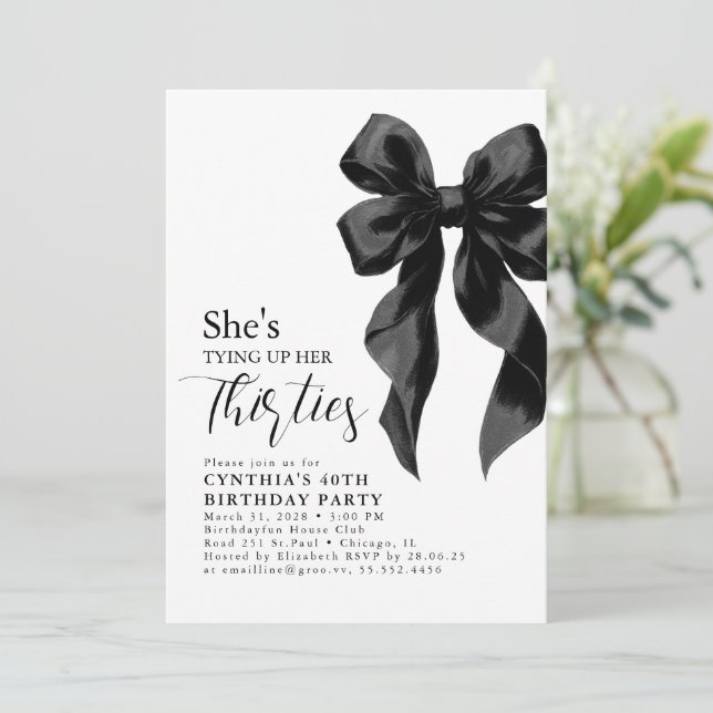 Convite Black Bow Tying Up Her Thirties 40Th Birthday (Em pé/Frente)