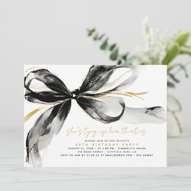 Convite Black Bow Tying Up Her Thirties 40Th Birthday (Em pé/Frente)