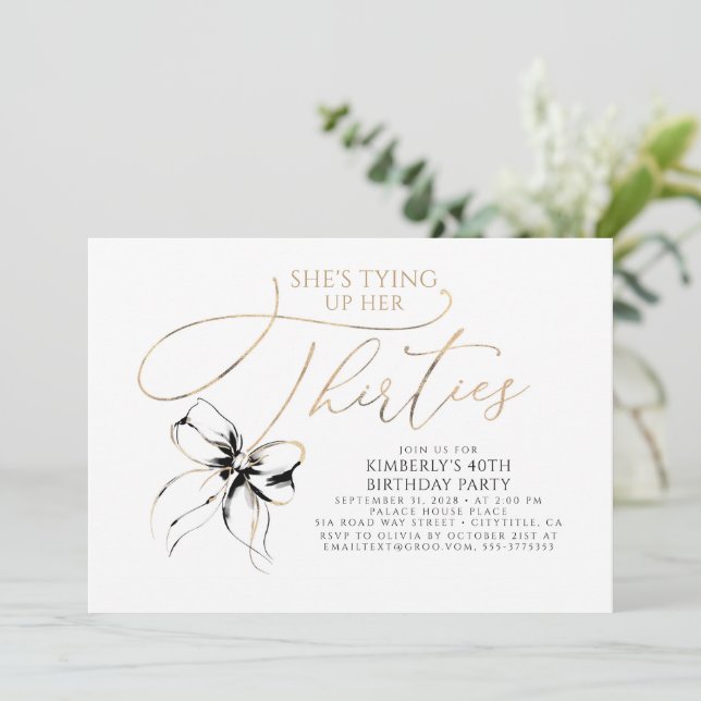 Convite Black Bow Tying up Her Thirties 40th Birthday  (Em pé/Frente)