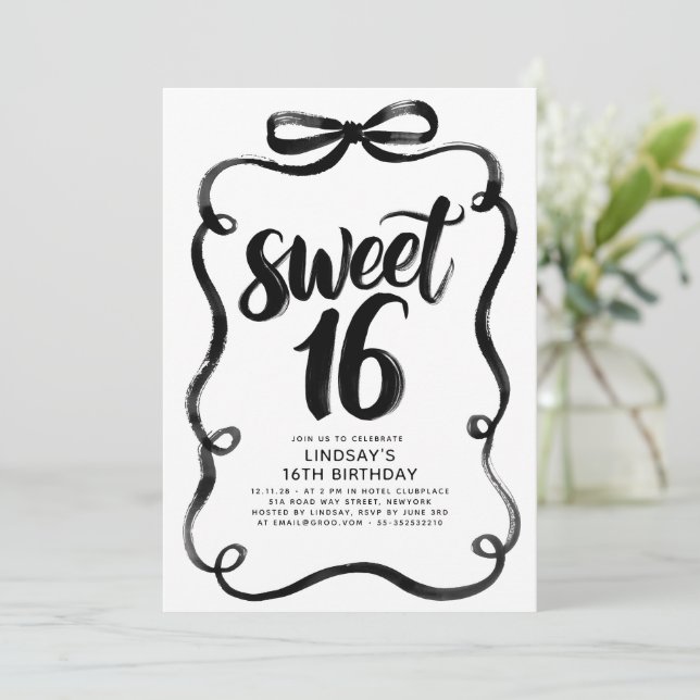 Convite Black Bow Whimsical Sweet 16th Birthday (Em pé/Frente)