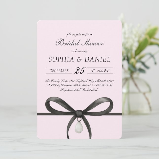 Convite Black Bow With Pearl Old Money Style Bridal Shower (Em pé/Frente)