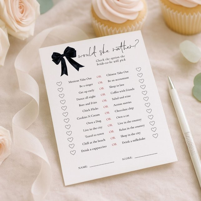 Convite Black Bow Would She Rather Bridal Shower Game Card (Criador carregado)