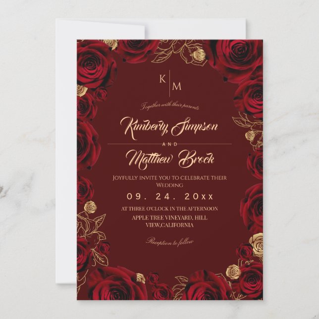 Convite Black Burgundy and Gold Rose Floral Boho Wedding (Frente)