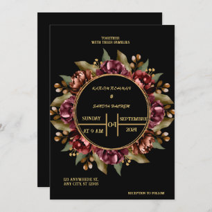 Convite Black Burgundy e Dourado Casamento Floral Moderno