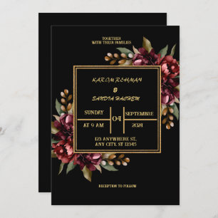 Convite Black Burgundy e Dourado Casamento Floral Moderno 