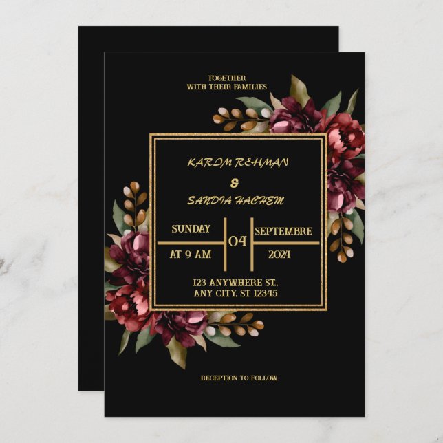Convite Black Burgundy e Dourado Casamento Floral Moderno  (Frente/Verso)
