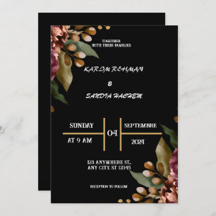 Convite Black Burgundy e Dourado Casamento Floral Moderno 