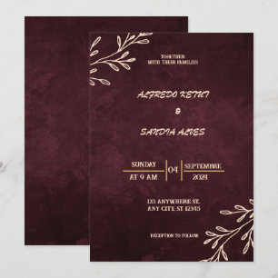Convite Black Burgundy e Dourado Casamento Floral Moderno 