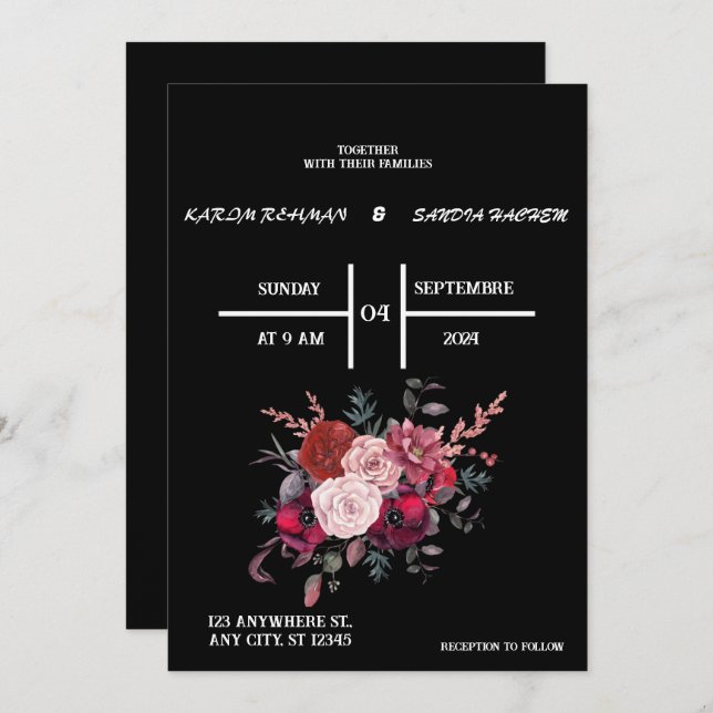 Convite Black Burgundy e Dourado Casamento Floral Moderno  (Frente/Verso)