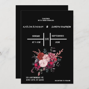 Convite Black Burgundy e Dourado Casamento Floral Moderno 