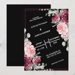 Convite Black Burgundy e Dourado Casamento Floral Moderno 