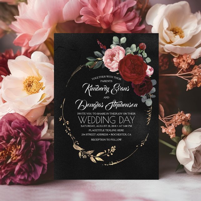 Convite Black Burgundy e Dourado Casamento Floral Moderno  (Black and Red Wedding Invitations)