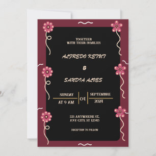 Convite Black Burgundy e Dourado Casamento Floral Moderno 