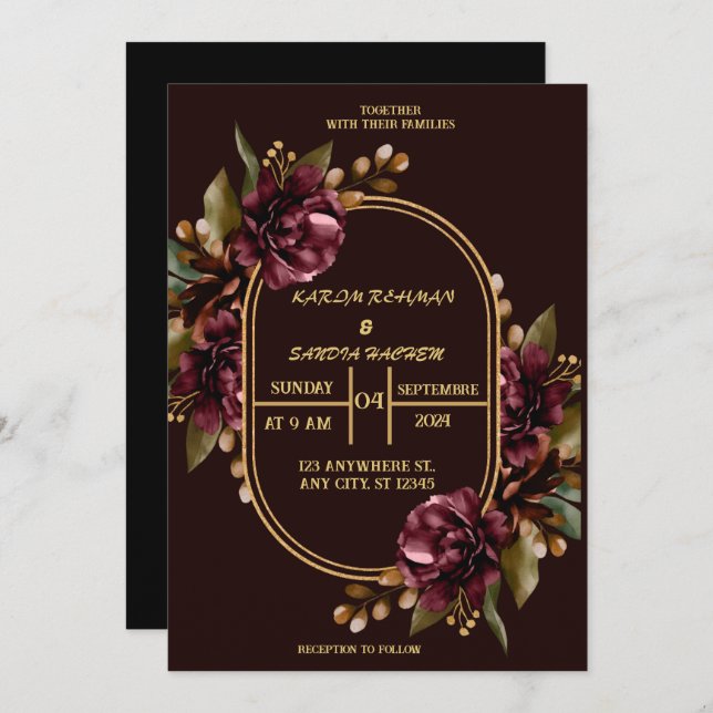 Convite Black Burgundy e Dourado Casamento Floral Moderno  (Frente/Verso)