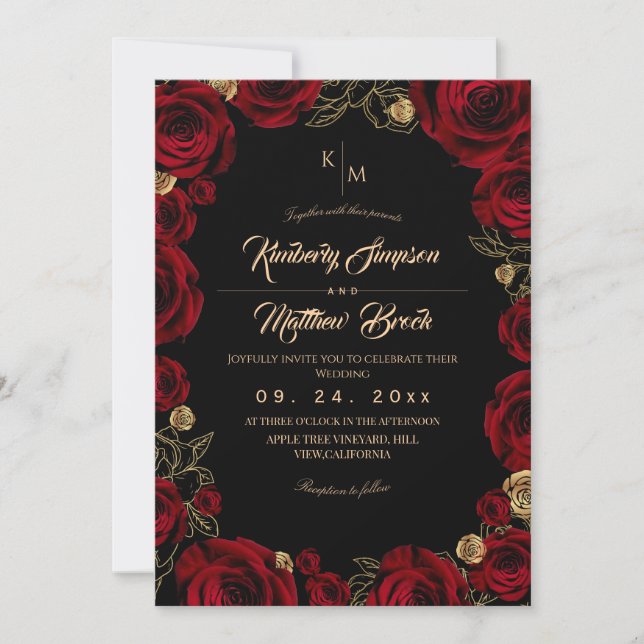 Convite Black Burgundy⎮ Gold Rose Floral Boho Wedding (Frente)