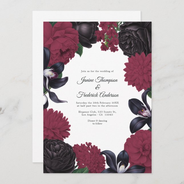 Convite Black & Burgundy Photo/QR Code Floral Wedding (Frente/Verso)
