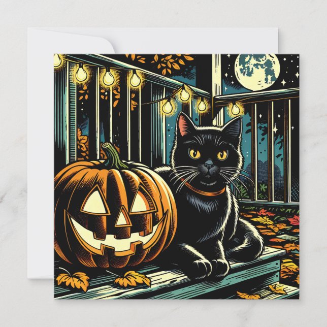 Convite Black Cat e Jack-O=Lanterna Halloween (Frente)