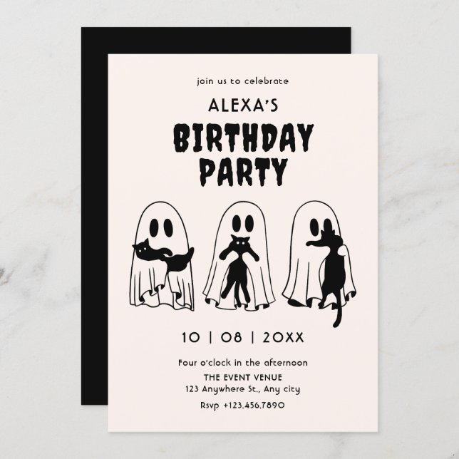 Convite black Cat ghost birthday  (Frente/Verso)