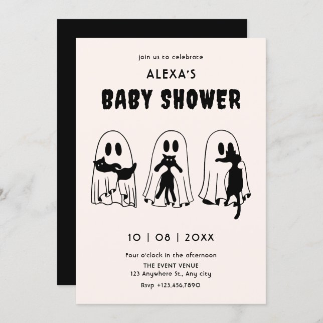 Convite black Cat ghost funny baby shower (Frente/Verso)
