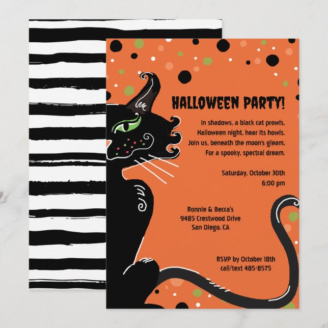 Convite Black Cat Halloween Party Spooky Whimsical Orange (Frente/Verso)