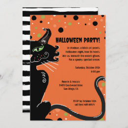 Convite Black Cat Halloween Party Spooky Whimsical Orange