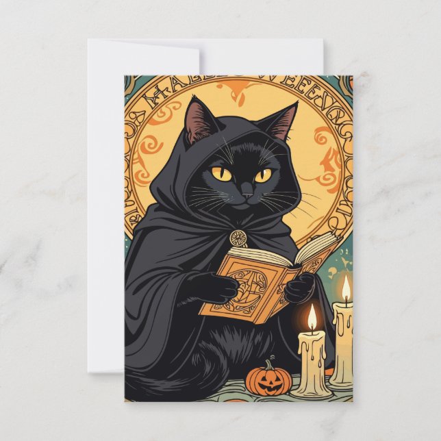 Convite Black Cat Reading The Jack o lantern Journal (Frente)
