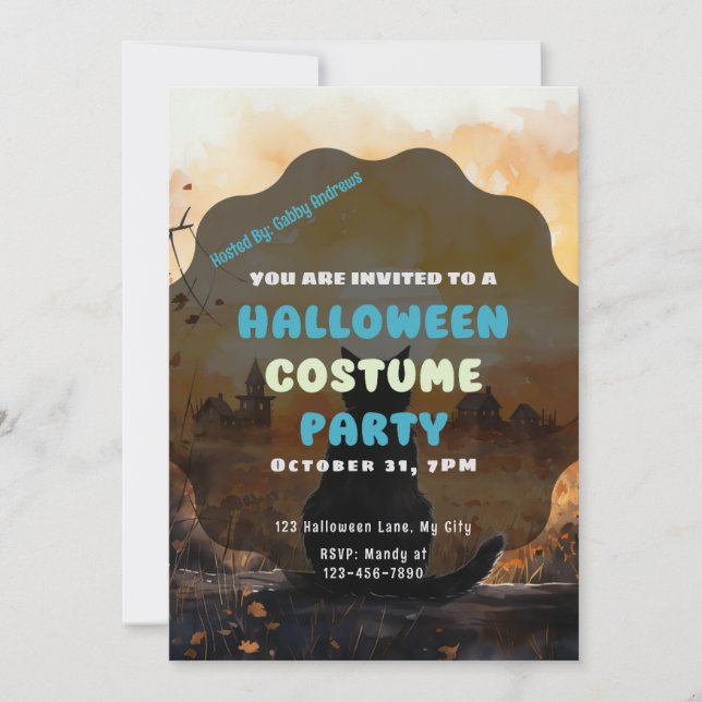 Convite Black Cat Setting Sun Autumn Halloween (Frente)