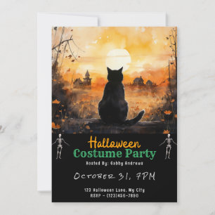 Convite Black Cat Sunset Autoutono Fall Town Black Hallowe