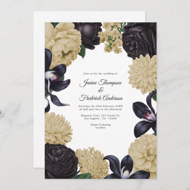 Convite Black & Champagne Photo/QR Code Floral Wedding (Frente/Verso)