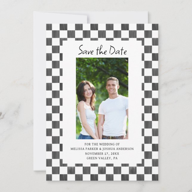 Convite Black Checkerboard Photo Save the Date (Frente)