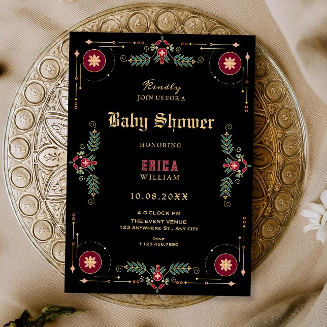 Convite Black classic floral baby shower (Criador carregado)