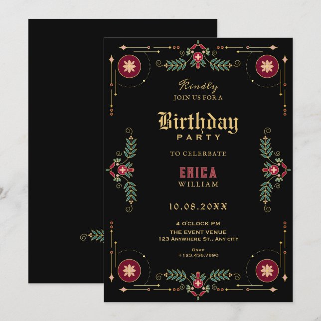 Convite Black classic floral birthday (Frente/Verso)