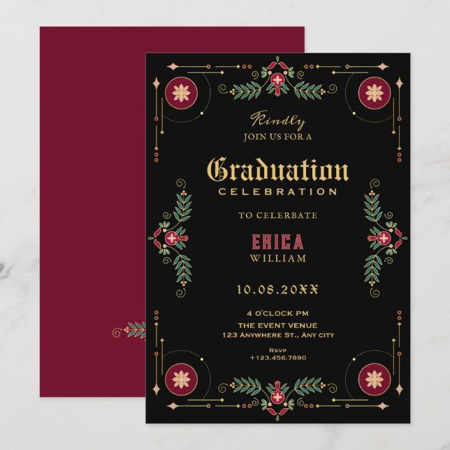 Convite Black classic floral graduation (Frente/Verso)