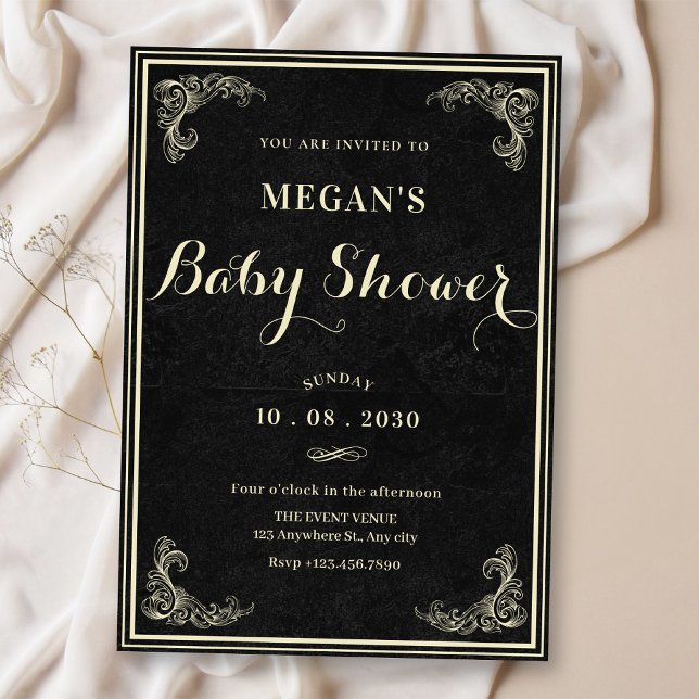 Convite Black classic vintage elegant baby shower  (Criador carregado)