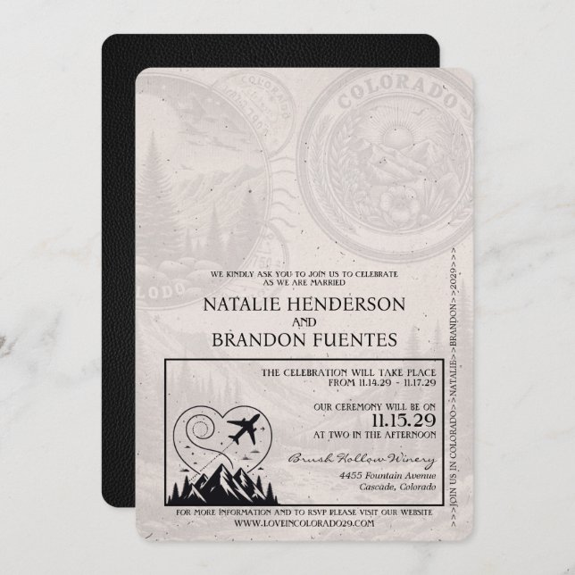 Convite Black Colorado Passport Wedding (Frente/Verso)