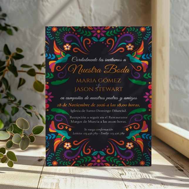 Convite Black Colorful Floral Nuestra Boda Spanish Wedding (Black Colorful Floral Nuestra Boda Spanish Wedding Invitation)