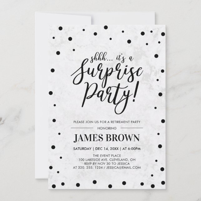 Convite Black Confetti e Marble Surprise Retirement Party (Frente)