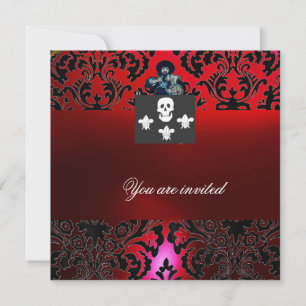 Convite BLACK CORSAIR SKULL & FLEUR DE LIS MONOGRAM vermel