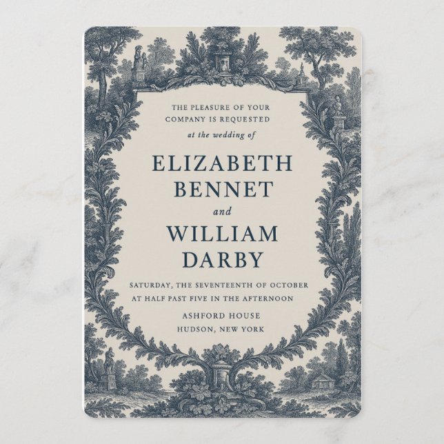 Convite Black & Cream Toile Wedding Invitation – Old World (Frente)