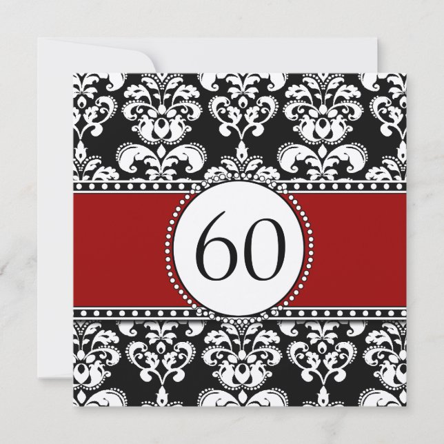 Convite Black Damask 60th Birthday Invitations Red (Frente)