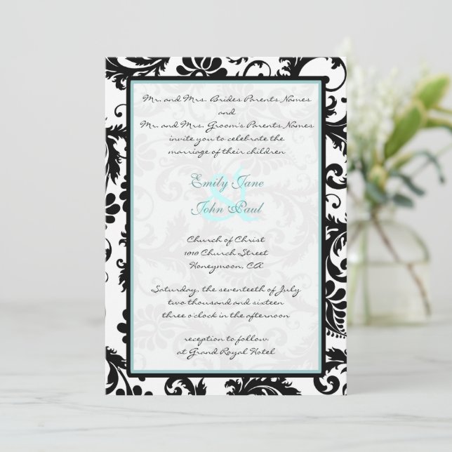 Convite Black Damask Aqua Blue Monogram Wedding Invitation (Em pé/Frente)