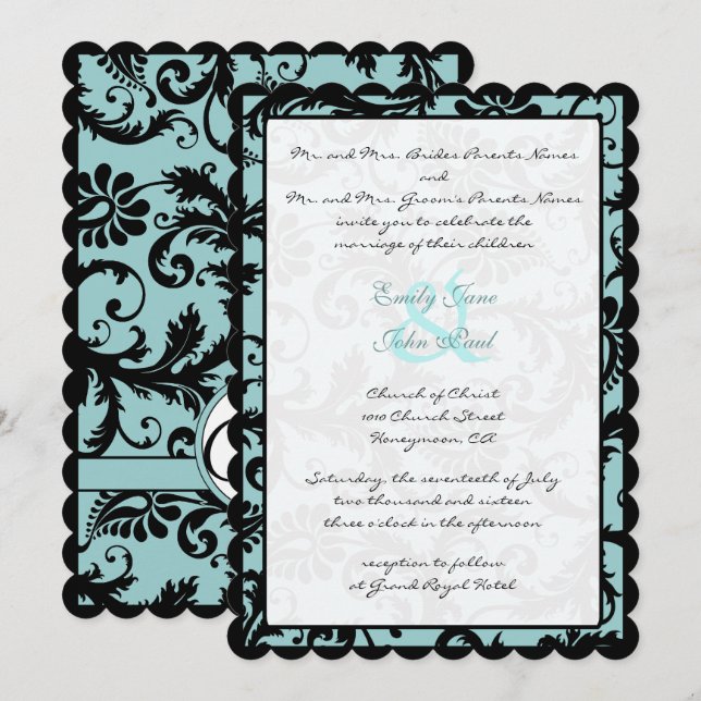Convite Black Damask Aqua Blue Wedding Invitation (Frente/Verso)
