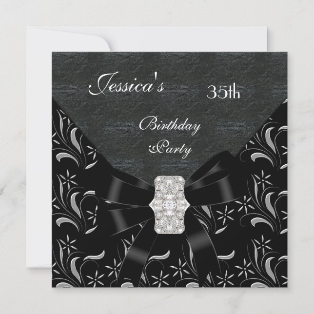 Convite Black Damask Black Invitation White Silver 35 Bi (Frente)