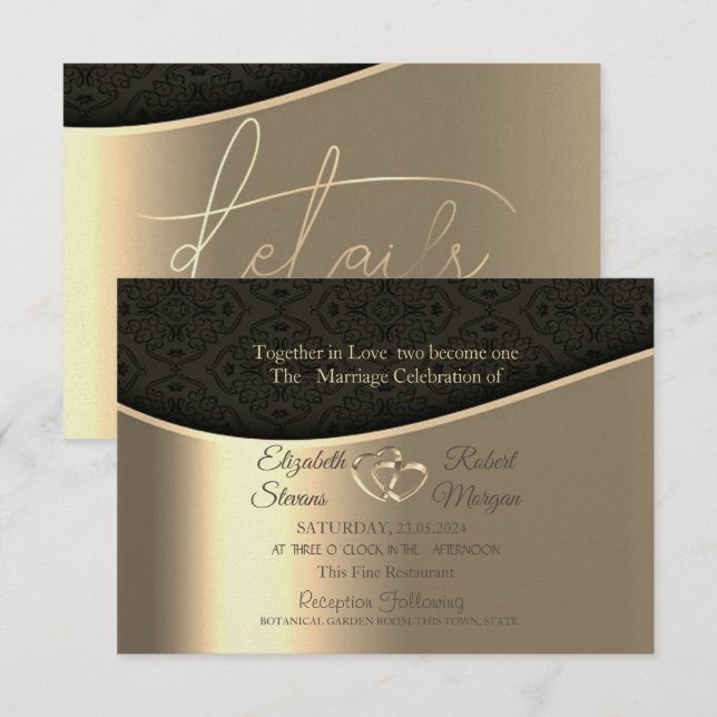 Convite Black Damask Dourado Hearts Casamento & Registro (Frente/Verso)