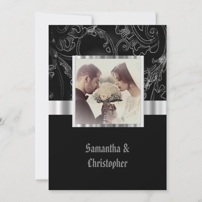 Convite Black damask gothic wedding photo invitation (Verso)