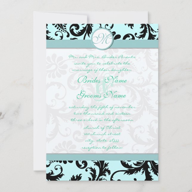 Convite Black Damask Light Aqua Blue Casation (Frente)