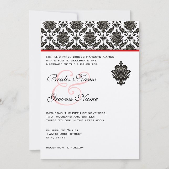 Convite Black Damask On White Red Trim Weditation (Verso)