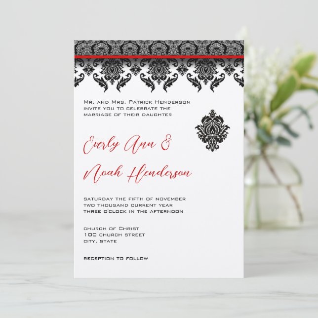 Convite Black Damask On White Red Trim Weditation (Em pé/Frente)