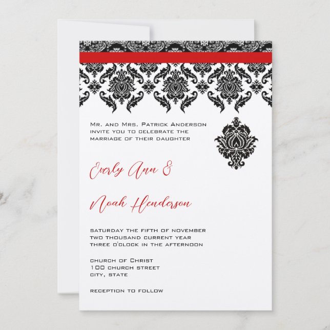 Convite Black Damask On White Red Trim Weditation (Frente)