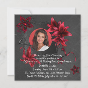 Convite Black Damask Red Lilies Foto Quinceanera